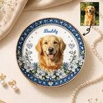Personalized Floral 3D-Effect Artwork Pet Photo Ceramic Trinket Jewelry Dish with Name Daily Use Anniversary Birthday Gift for Pet Owner