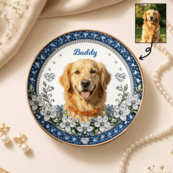 Personalized Floral 3D-Effect Artwork Pet Photo Ceramic Trinket Jewelry Dish with Name Daily Use Anniversary Birthday Gift for Pet Owner