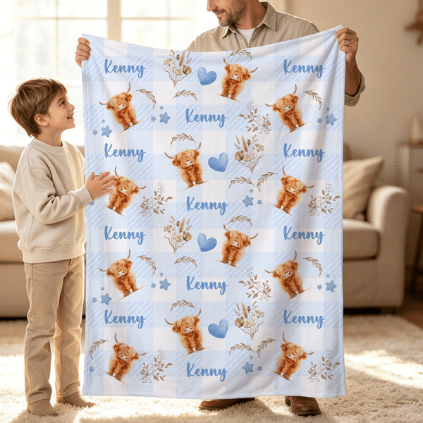 Personalized Highland Cow Love Heart Soft Throw Blanket with Name Home Decor Birthday Gift for Family Kids Cow Lovers