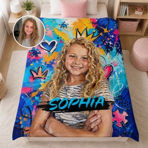 Couverture photo personnalisée pour enfants avec prénom et couronne « graffiti », style peinture à l'huile – Couvre-lit, cadeau d'anniversaire pour garçons et filles