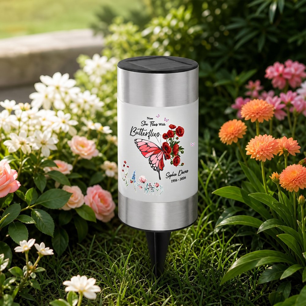 Personalised Half Butterfly Half Birth Flower Solar Garden Light with Text Garden Decor Memory Sympathy Gift for Loss of Relatives 4