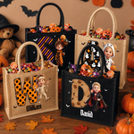 Personalized 3D-Style Character Artwork Halloween Wizard Vampire Ghost Large Jute Bag with Initial and Name Halloween Trick or Treat Gift for Kids