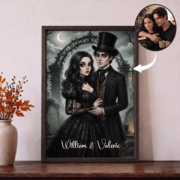 Personalized Gothic Style Cartoon Couple Photo Character Canvas Prints with Name Home Decor Ship from USA Halloween Anniversary Gift for Newlyweds