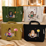 Personalized Birth Flower Cartoon Reading Girl Large Capacity Corduroy Tote Bag with Name Birthday Christmas Gift for Librarians Book Lovers