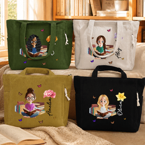 Personalised Birth Flower Cartoon Reading Girl Large Capacity Corduroy Tote Bag with Name Birthday Christmas Gift for Librarians Book Lovers