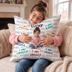 Personalized 3D-Effect Character Artwork I Am Lucky Soft Throw Pillow Cover with Name Home Decor Birthday Anniversary Gift for Family Kids