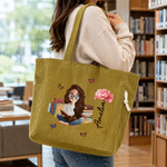 Personalized Birth Flower Cartoon Reading Girl Large Capacity Corduroy Tote Bag with Name Birthday Christmas Gift for Librarians Book Lovers