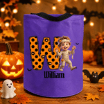 Personalized 3D-Effect Artwork Halloween Character Photo LED Light Candy Bucket with Name and Initial Trick or Treat Halloween Party Gift for Kids
