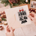Tarjeta de felicitación personalizada con collage de fotos de estilo cinematográfico y temática navideña, con nombre y texto. Regalo de Navidad para familiares y amigos