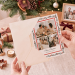 Gepersonaliseerde fotocollage met kerstmotieven en een aquarelrand – wenskaart met titel en familienaam – nieuwjaars- en kerstcadeau voor familie en vrienden