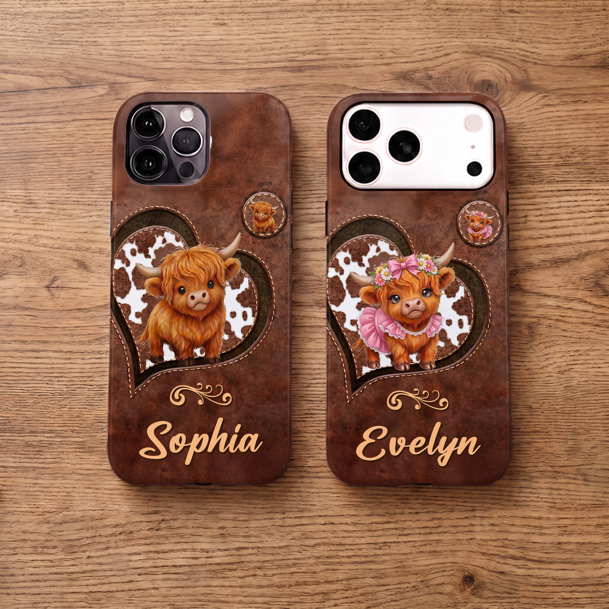 Individuell gestaltete, niedliche Handyhülle mit Highland-Cow-Herz-Motiv für das iPhone – mit Namen – als Geburtstagsgeschenk für Freunde, die Highland-Cows lieben