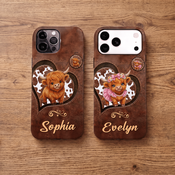 Personalised Cute Baby Highland Cow Heart Pattern Phone Case for iPhone with Name Birthday Gift for Highland Cow Lovers Friends