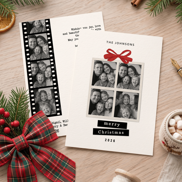 Tarjeta de felicitación personalizada con collage de fotos de estilo cinematográfico y temática navideña, con nombre y texto. Regalo de Navidad para familiares y amigos