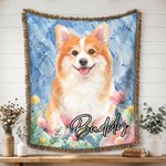 Personalized Watercolor Pet Photo Flower Tassel Soft Throw Blanket with Name Home Decor Birthday Memorial Gift for Pet Lover