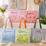 Personalized Birth Flower Large Capacity Seersucker Tote Bag with Name Anniversary Birthday Gift for Women Best Friends