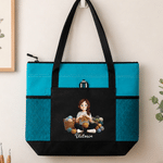 Personalised Yarn Knitting Cartoon Character Zippered Tote Bag with Name and Mesh Pocket Birthday Gift for Knitting Lovers Women
