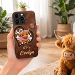 Personalised Cute Baby Highland Cow Heart Pattern Phone Case for iPhone with Name Birthday Gift for Highland Cow Lovers Friends