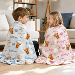 Personalized Highland Cow Love Heart Soft Throw Blanket with Name Home Decor Birthday Gift for Family Kids Cow Lovers