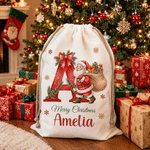 Personalised Merry Christmas Santa Claus Canvas Drawstring Gift Bag with Name and Initial Christmas Eve Party Gift for Kids