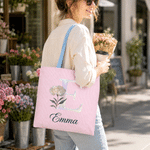 Personalised Pearl Effect Birth Flower Striped Large Capacity Tote Bag with Name Daily Use Birthday Anniversary Gift for Women Girls