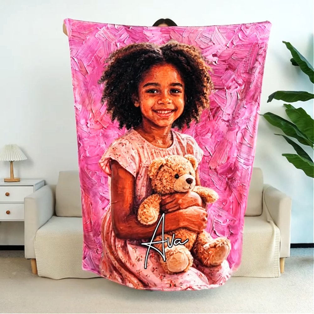 Personalised Oil Painting Style Photo Soft Throw Blanket with Name Birthday Housewarming Anniversary Gift for Family Friends 3