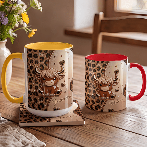 Personalized Colorful 3D-Effect Artwork Highland Cow Leopard Print 11 oz 15 oz Ceramic Mug with Name Birthday Christmas Gift for Highland Cow Lovers
