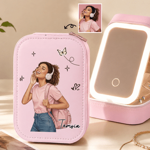 Personalized Hand-Drawn Cartoon Illustration Photo Butterfly PU Leather Travel Jewellery Box with Name and LED Makeup Mirror Birthday Gift for Women