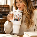 Personalised Reading Cartoon Character Photo 40 oz Insulated Tumbler with Name and Handle Daily Use Birthday Gift for Family Friends Book Lovers