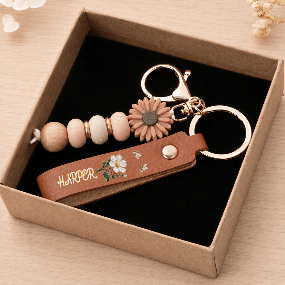 Personalised Birth Flower PU Leather Keyring with Name and Daisy Bead Pendant Wedding Party Birthday Gift for Best Friends Bridesmaids 6