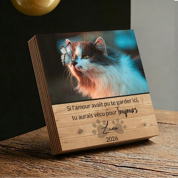 Cadre décoratif en bois personnalisé avec photo d'animal nom et année - Cadeau commémoratif pour les amoureux d'animaux de compagnie