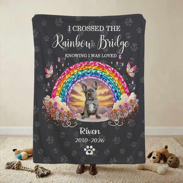 Personalized Pet Photo Rainbow Bridge Memorial Multicolor Throw Blanket with Name Text and Year Home Decor Sympathy Gift for Pet Owner Parent