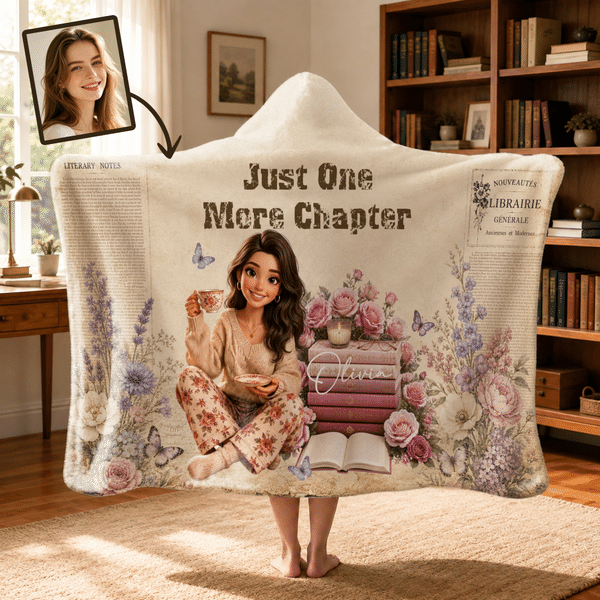 Personalised 3D-Effect Artwork Cartoon Character Photo Birth Flower Hooded Blanket with Name Home Decor Birthday Gift for Bookworms