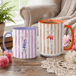Personalized Watercolor Stripe Birth Flower Name 11 oz 15 oz Ceramic Mug with Coaster Daily Home Office Use Birthday Gift for Her