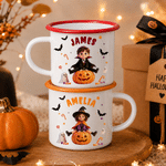 Personalised 3D-Effect Art Witch Vampire Cartoon Character Photo 12 oz Enamel Mug with Name Daily Use Halloween Gift for Kids