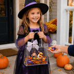Personalised Halloween Theme Cartoon Character Photo Initial Clear Gift Bag with Name and Bow Daily Use Halloween Party Gift for Kids