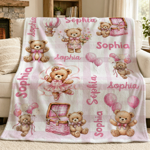 Personalised Watercolor Hot Air Balloon Teddy Bear Soft Throw Blanket with Name Home Decor Daily Use Birthday Christmas Gift for Kids Boys Girls