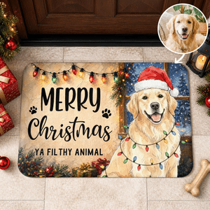 Zerbino antiscivolo personalizzato con foto del proprio animale domestico, in stile acquerello con luci natalizie colorate e testo; decorazione per la casa e regalo di Natale per gli amanti degli anim