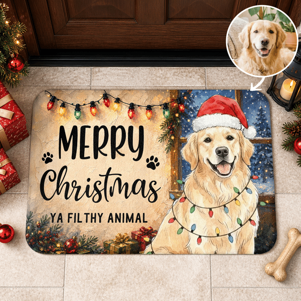 Personalised Colourful Christmas Light Watercolor Style Pet Photo Non-Slip Doormat with Text Home Decor Christmas Gift for Pet Owner Lover