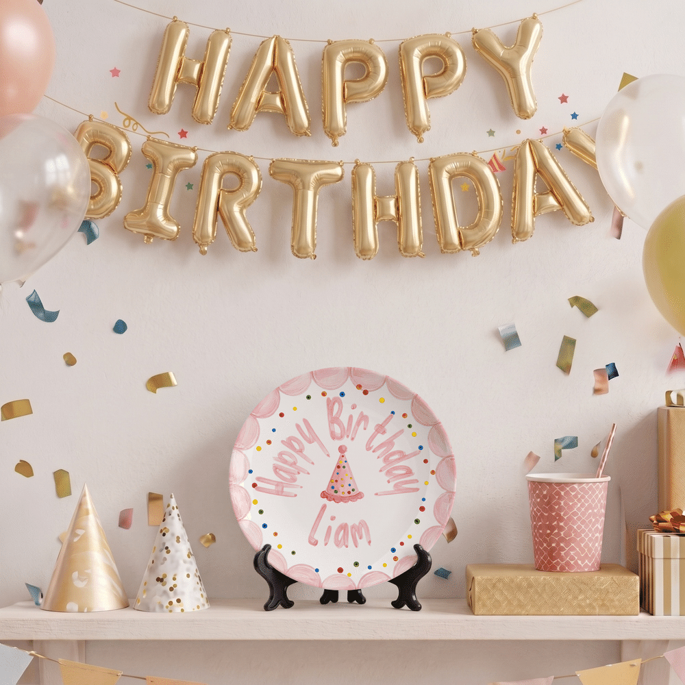 Personalised Watercolor Style Birthday Hat Colourful Polka Dots Ceramic Plate with Name Date and Stand Party Decor Birthday Gift for Newborns 2