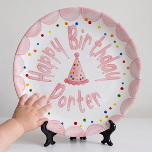 Personalised Watercolor Style Birthday Hat Colourful Polka Dots Ceramic Plate with Name Date and Stand Party Decor Birthday Gift for Newborns