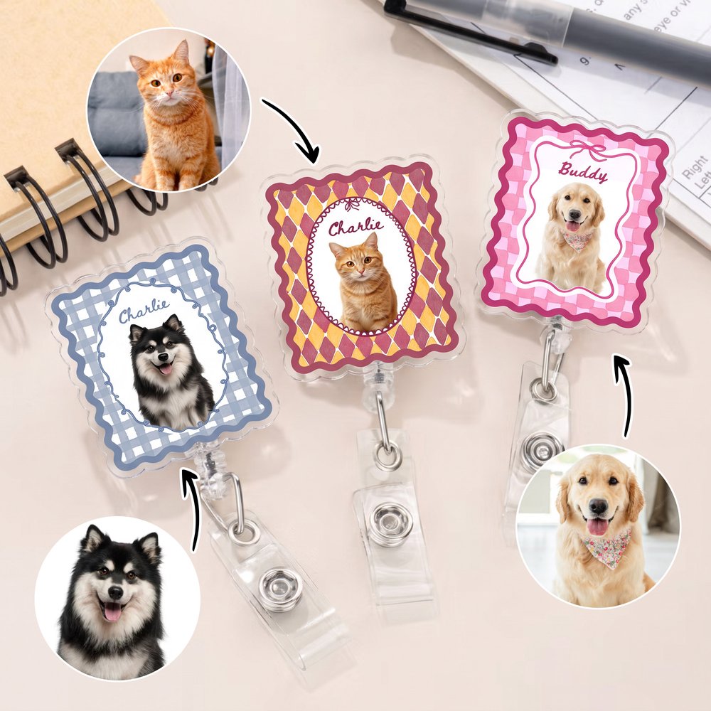 Carrete para tarjetas de identificación personalizado con foto de mascota en acuarela de estilo vintage y nombre: regalo para el Día de la Enfermería, de uso diario, para profesionales sanitarios y am 3