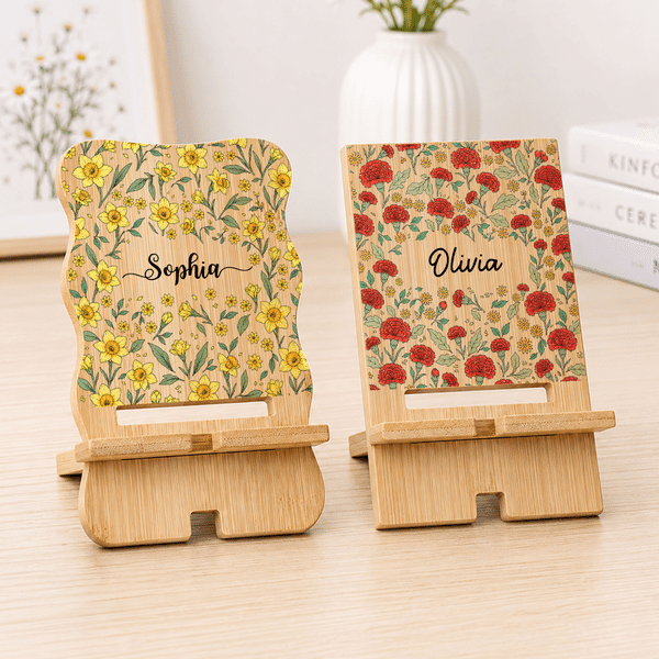 Personalised Watercolor Birth Flower Wooden Phone Holder with Name Desk Decor Daily Use Birthday Anniversary Gift for Family Friends