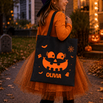 Personalized Halloween Theme Bat Pumpkin Face Canvas Bag with Name Halloween Birthday Gift for Kids Friends