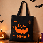 Personalized Halloween Theme Bat Pumpkin Face Canvas Bag with Name Halloween Birthday Gift for Kids Friends