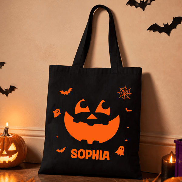 Personalized Halloween Theme Bat Pumpkin Face Canvas Bag with Name Halloween Birthday Gift for Kids Friends