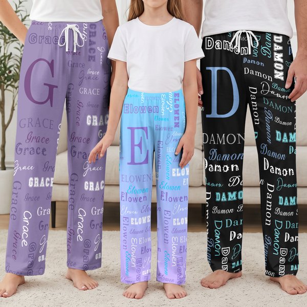 Personalised Multi-Font Name Multicolour Soft Skin-Friendly Pyjama Pants with Initial Daily Wear Christmas Birthday Gift for Family Kids