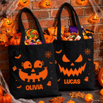 Personalized Halloween Theme Bat Pumpkin Face Canvas Bag with Name Halloween Birthday Gift for Kids Friends