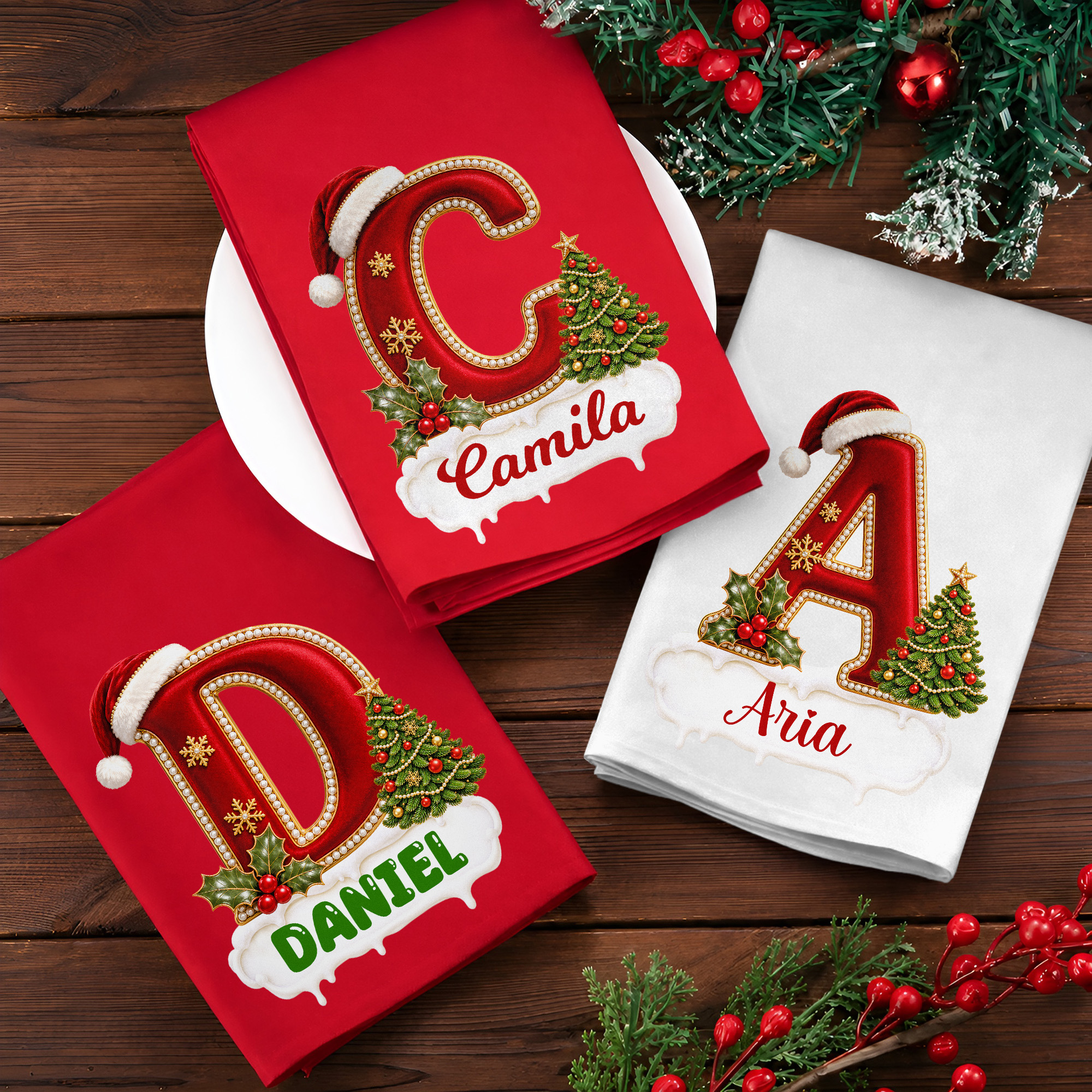 Personalisierte Weihnachts-Tischserviette | mit Namen & Initiale | festliche Tischdeko | Weihnachtsgeschenk für Familie & Freunde
