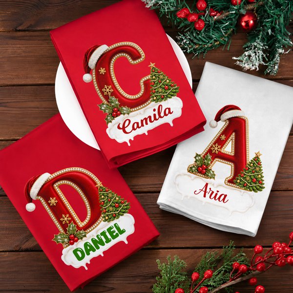 Personalized Christmas Hat Initial Holly Snowflake Christmas Napkin with Name Christmas Dinner Birthday Gift for Family Friends