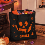 Personalized Halloween Theme Bat Pumpkin Face Canvas Bag with Name Halloween Birthday Gift for Kids Friends